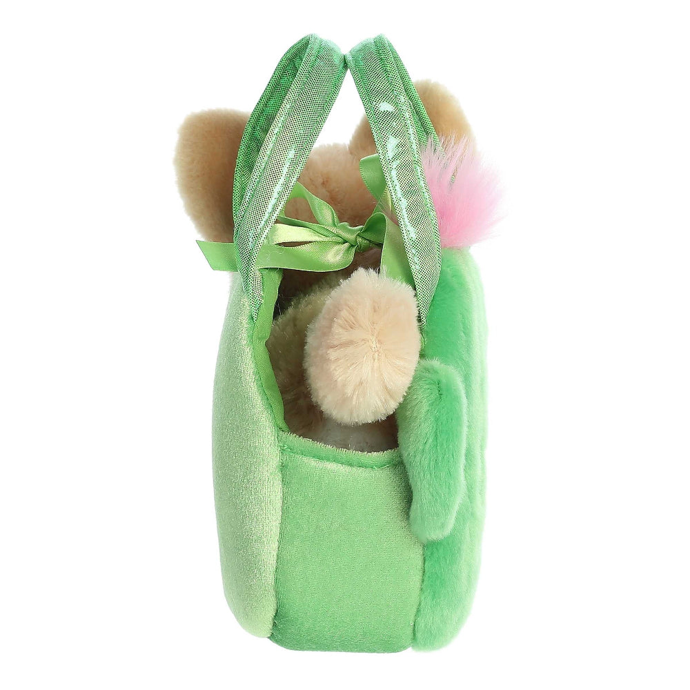 Aurora Fancy Pals smiling cactus 7in plush toy in green fabric with beige pom-poms and ribbon bow