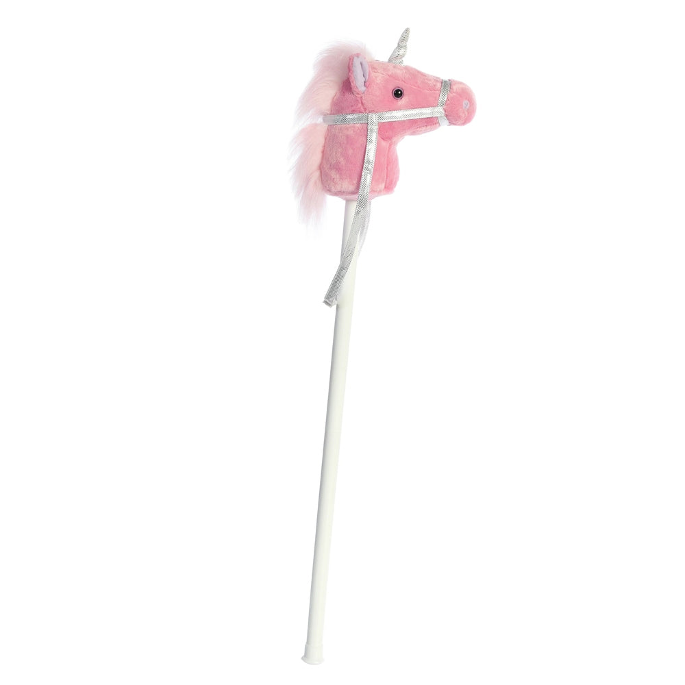 Aurora Giddy-Up Friends unicorn toy on a white stick with pink plush body and silver bridle