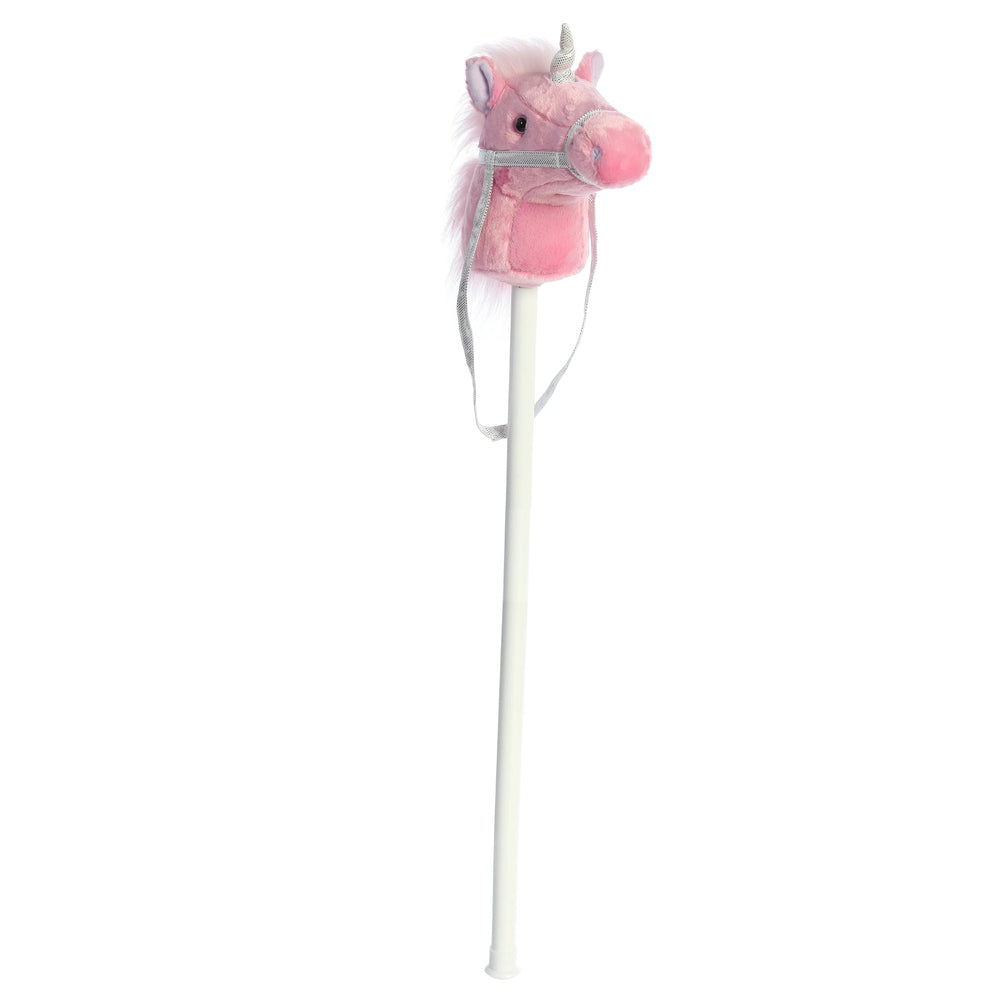 Aurora Giddy-Up Friends Fantasy Unicorn plush wand with pink head and silver bridle on white rod