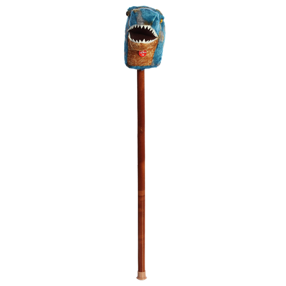 Aurora Giddy-Up Friends Trex 37in plush on a wooden stick, blue fur with open mouth