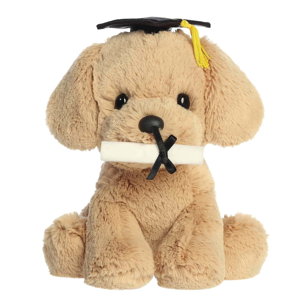 Aurora Grad Retriever Pup plush toy - light brown stuffed dog with graduation cap, yellow tassel, and diploma