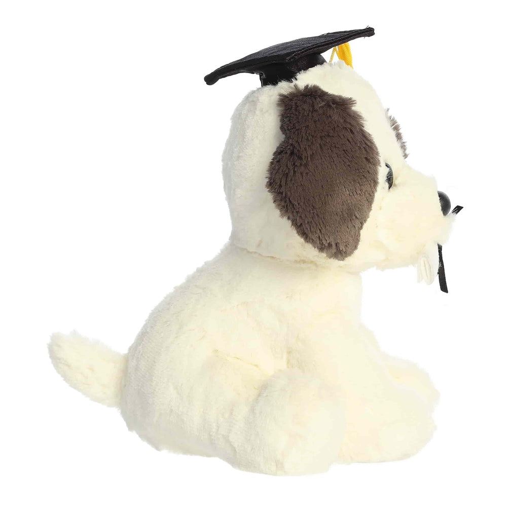 Aurora 8.5in Graduation Terrier Pup plush toy in white with brown ears, black cap and yellow tassel