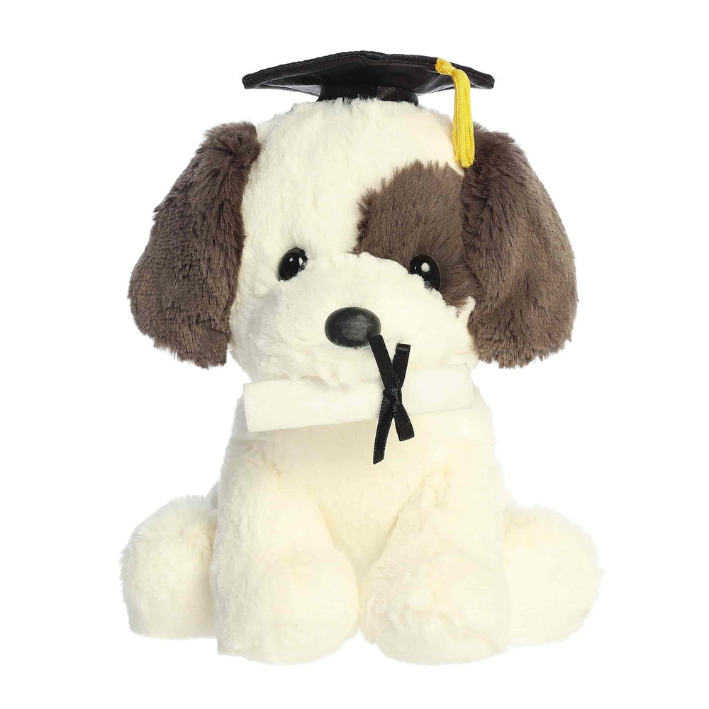 Aurora Graduation Terrier Pup plush toy, cream body with brown ears and a black graduation cap.
