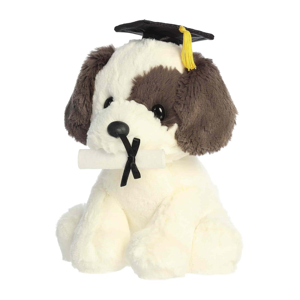 Aurora Grad Terrier Pup plush, 8.5", white with brown ears, graduation cap and diploma accessory