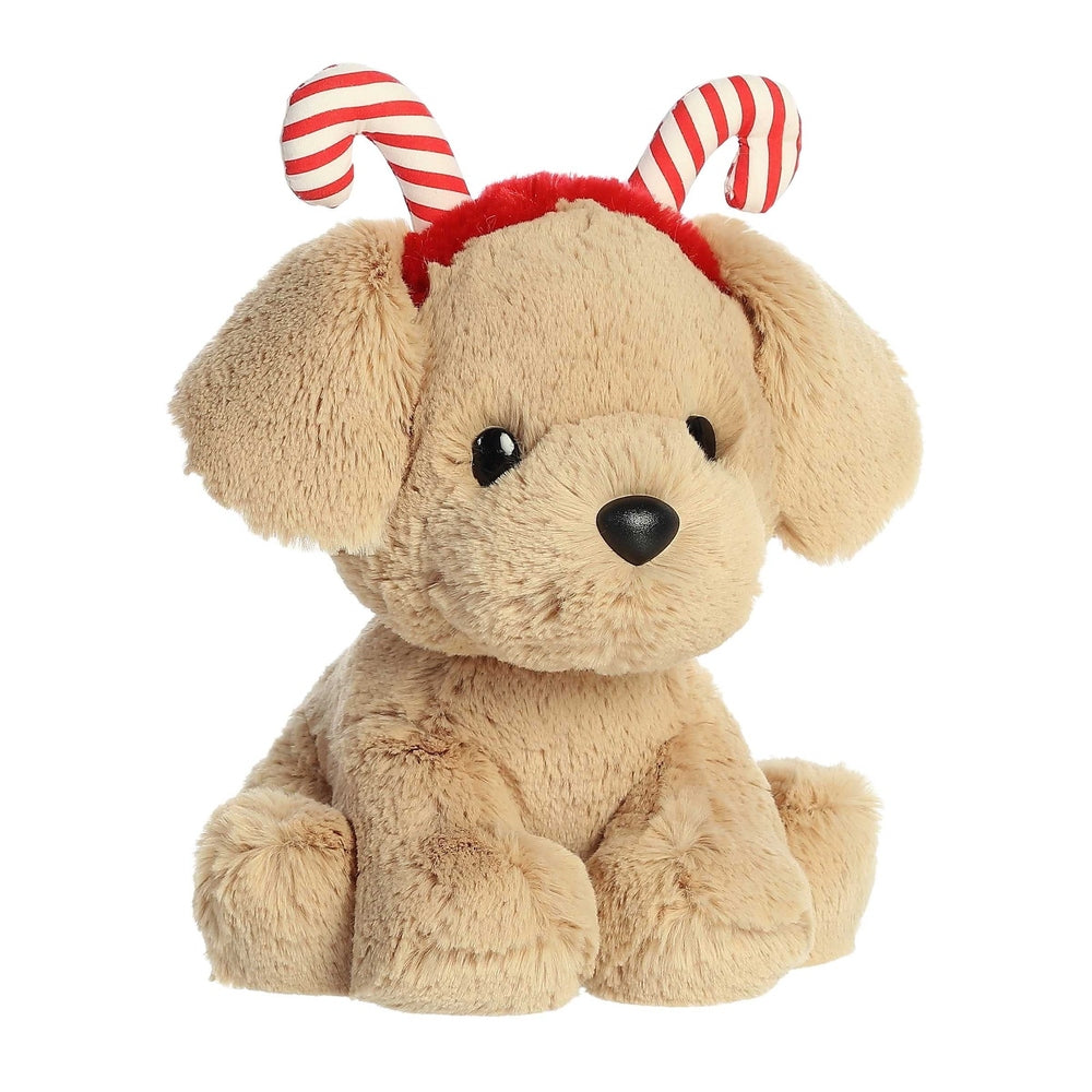 Aurora Holiday Cheer Yellow Lab plush, 8.5 in, beige fur with red-and-white striped candy cane horns