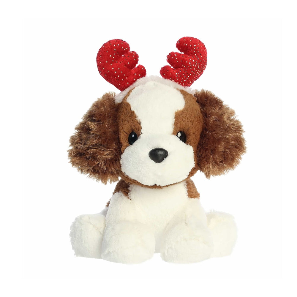 Aurora Holiday Cheer Spencer Spaniel 8.5-inch plush dog with white/brown fur and red glitter antlers.