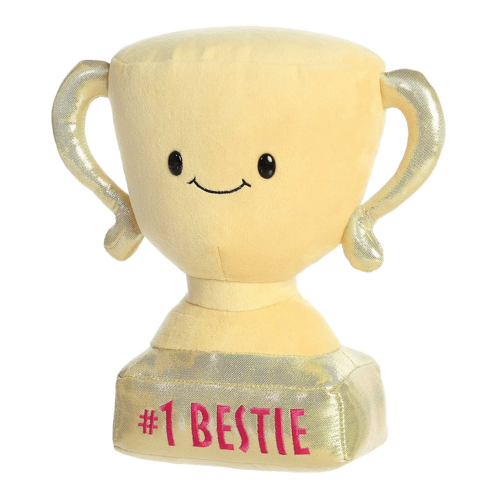 Aurora Just Sayin 9in yellow plush trophy with handles, cute face, pink #1 BESTIE on gold base