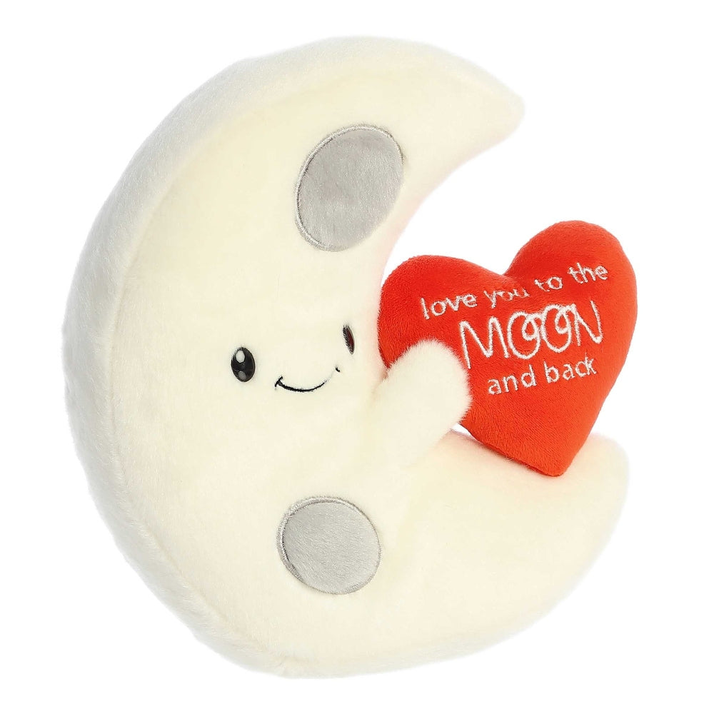 9-inch white plush crescent moon with grey patches, hugging a red heart embroidered "love you to the MOON and back".