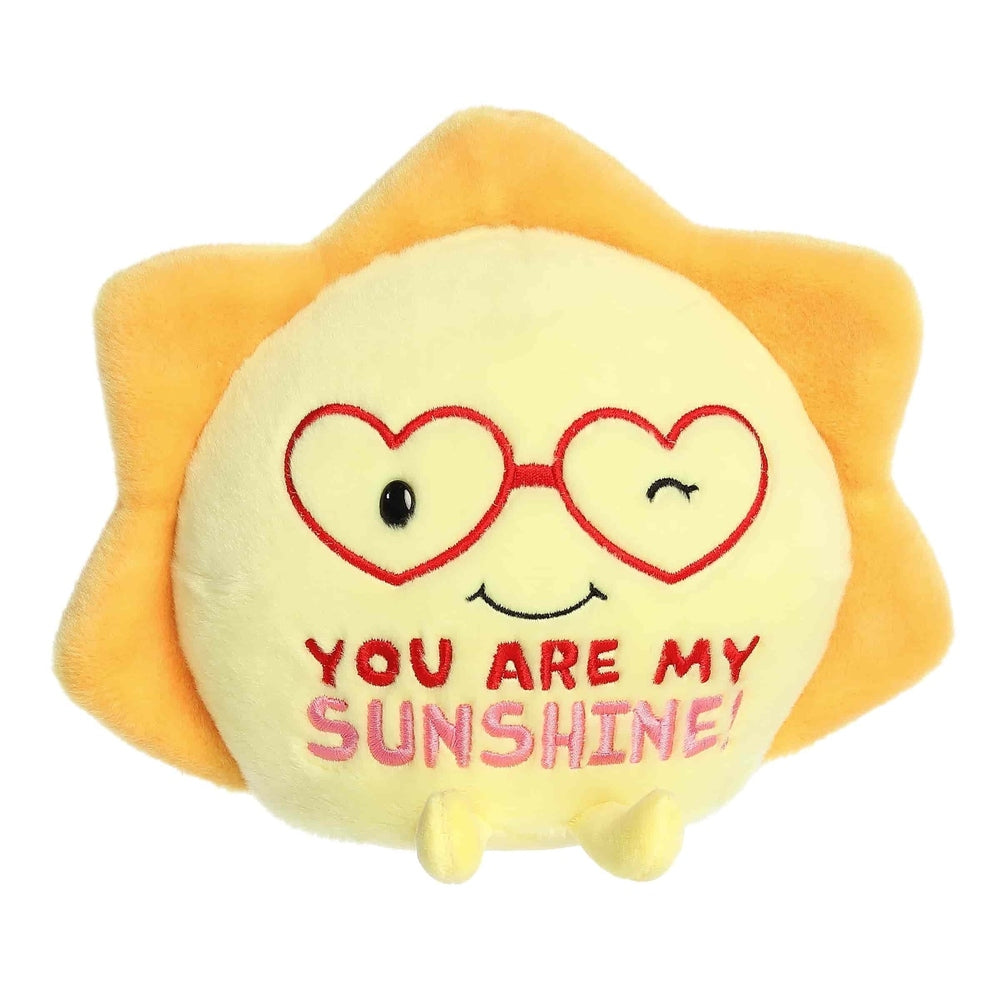 Aurora Just Sayin sun plush toy, yellow sun with orange rays, heart glasses and You are my Sunshine embroidery