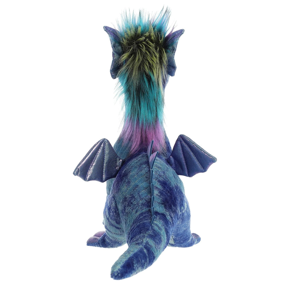 Aurora Zion Dragon 17-inch plush toy in blue-purple tones with rainbow mane and small wings, back view.