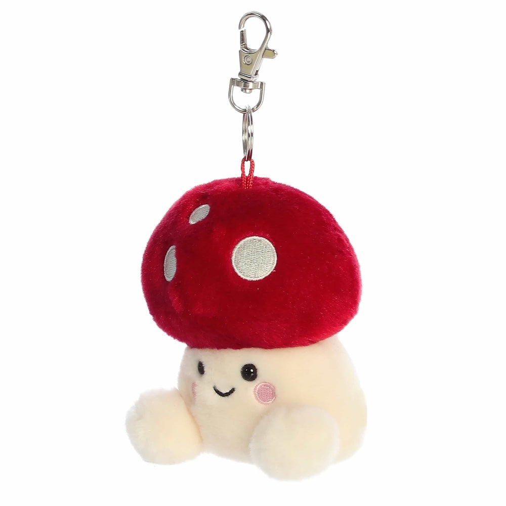 Amanita mushroom plush clip-on from Aurora Palm Pals, red cap with white spots and cream stem, 4"