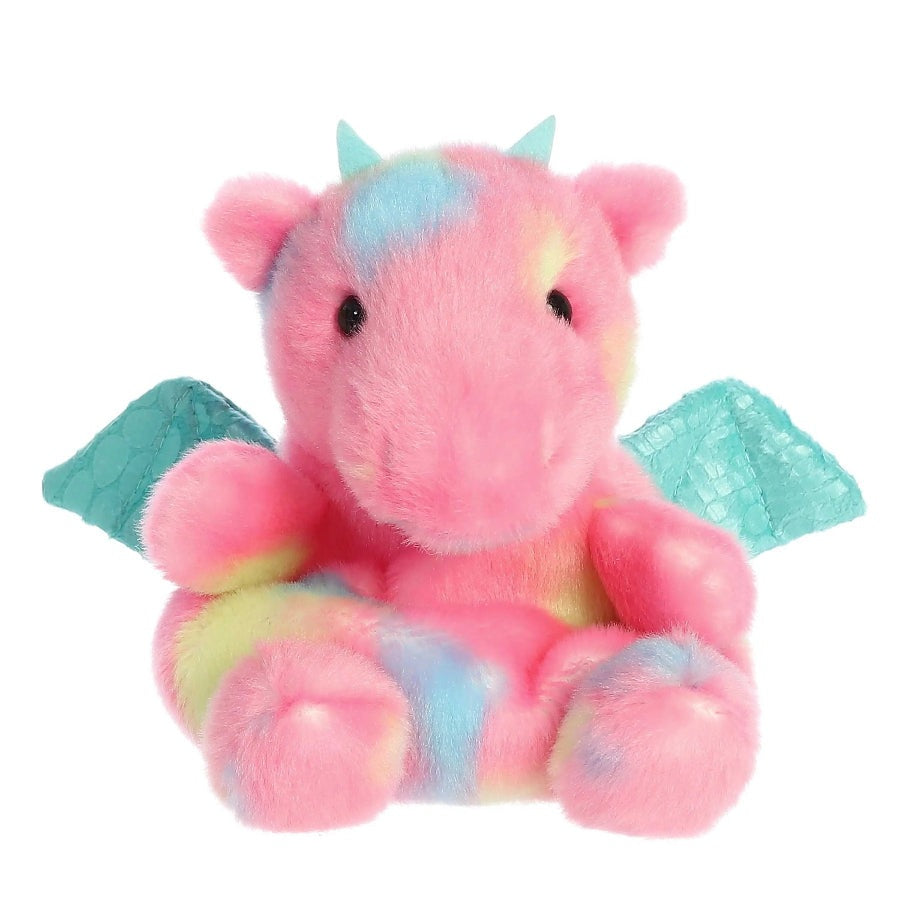 Aurora Anya Dragon plush toy; pink pastel fur with rainbow accents and turquoise wings