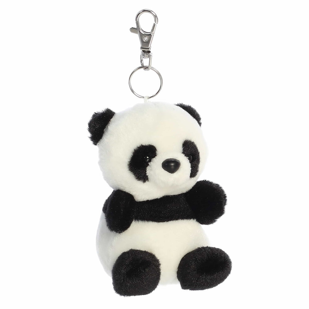 Aurora Palm Pals Bamboo Panda ClipOn plush keychain, black and white stuffed panda, 4in