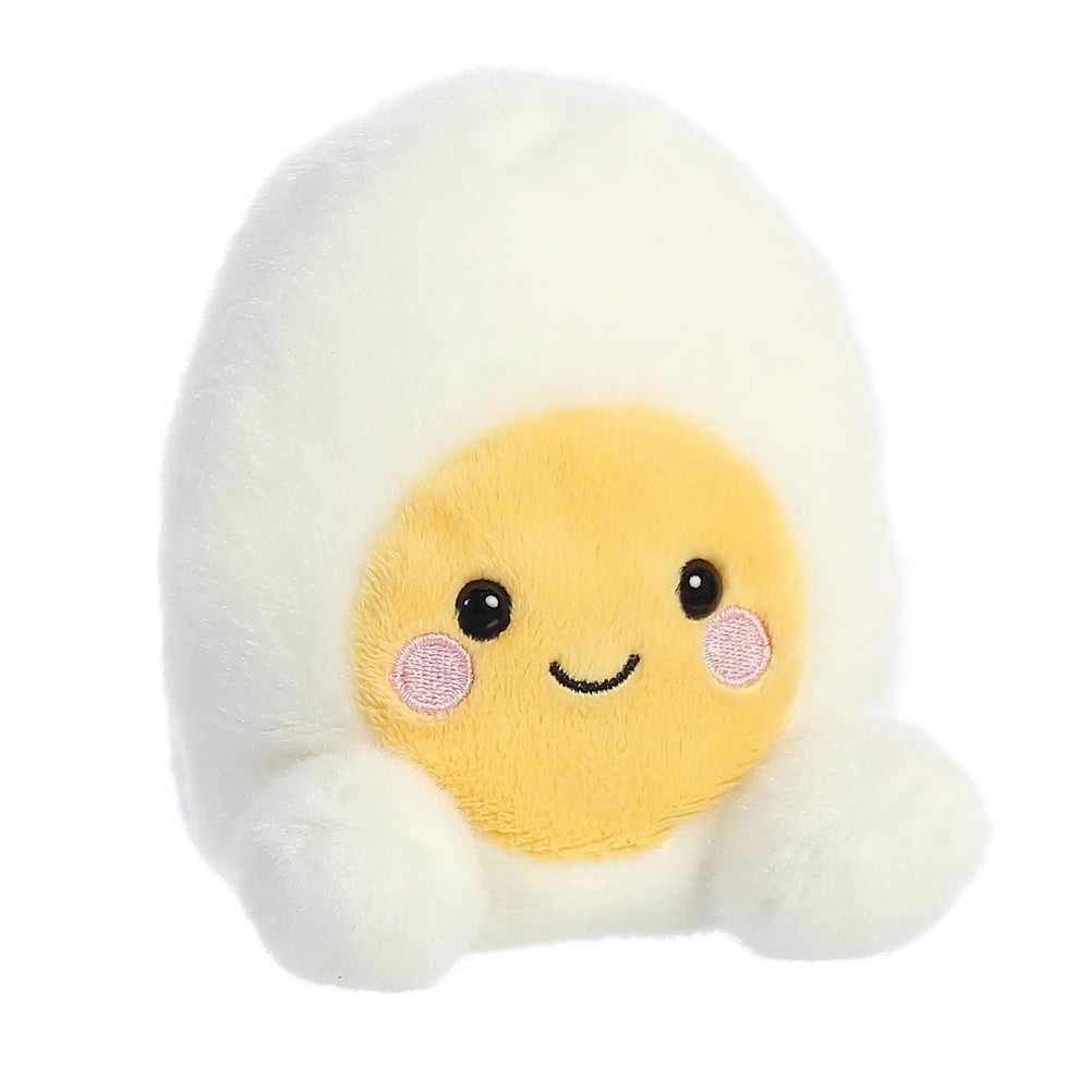 Aurora Palm Pals Bobby Egg 5" plush toy, white fuzzy egg with yellow smiling face and pink cheeks