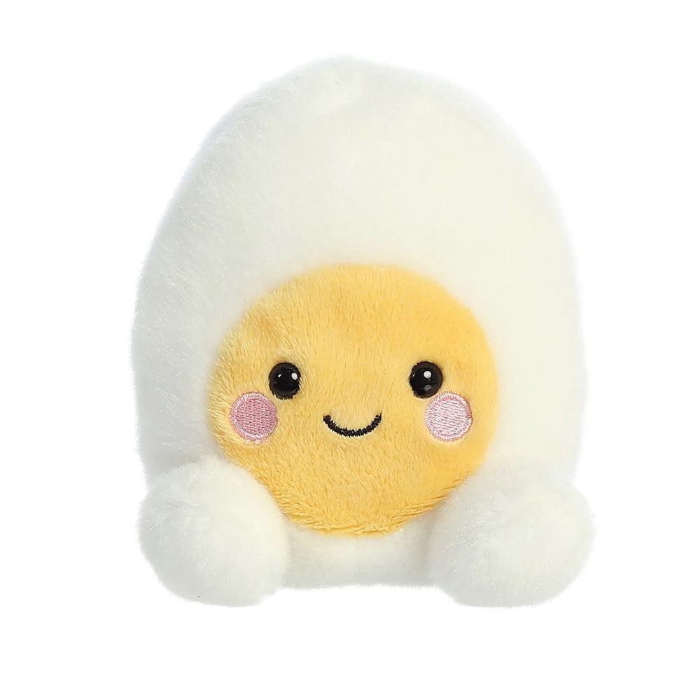 Aurora Palm Pals Bobby Egg plush toy-white fluffy egg shell with a yellow smiling face and pink cheeks