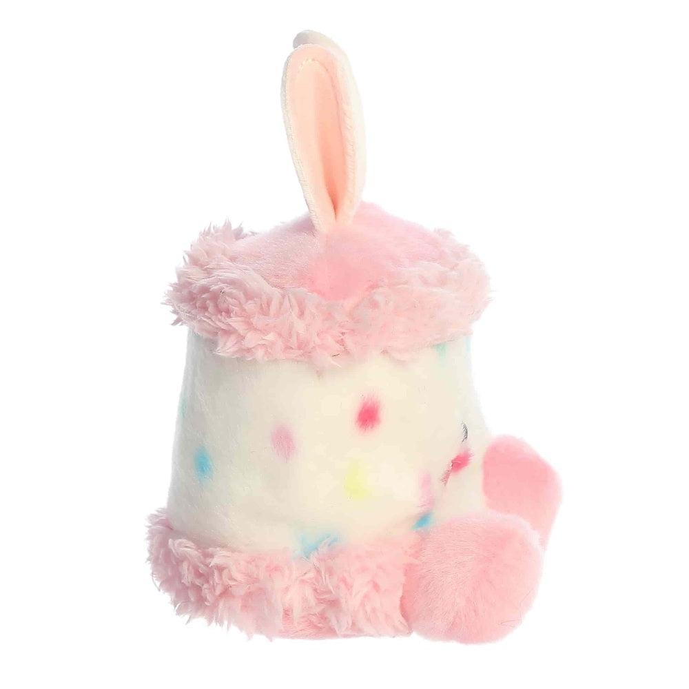 Aurora Bubbi Bunny Cake 5" plush toy, pastel multicolor bunny with pink fur trim and ears