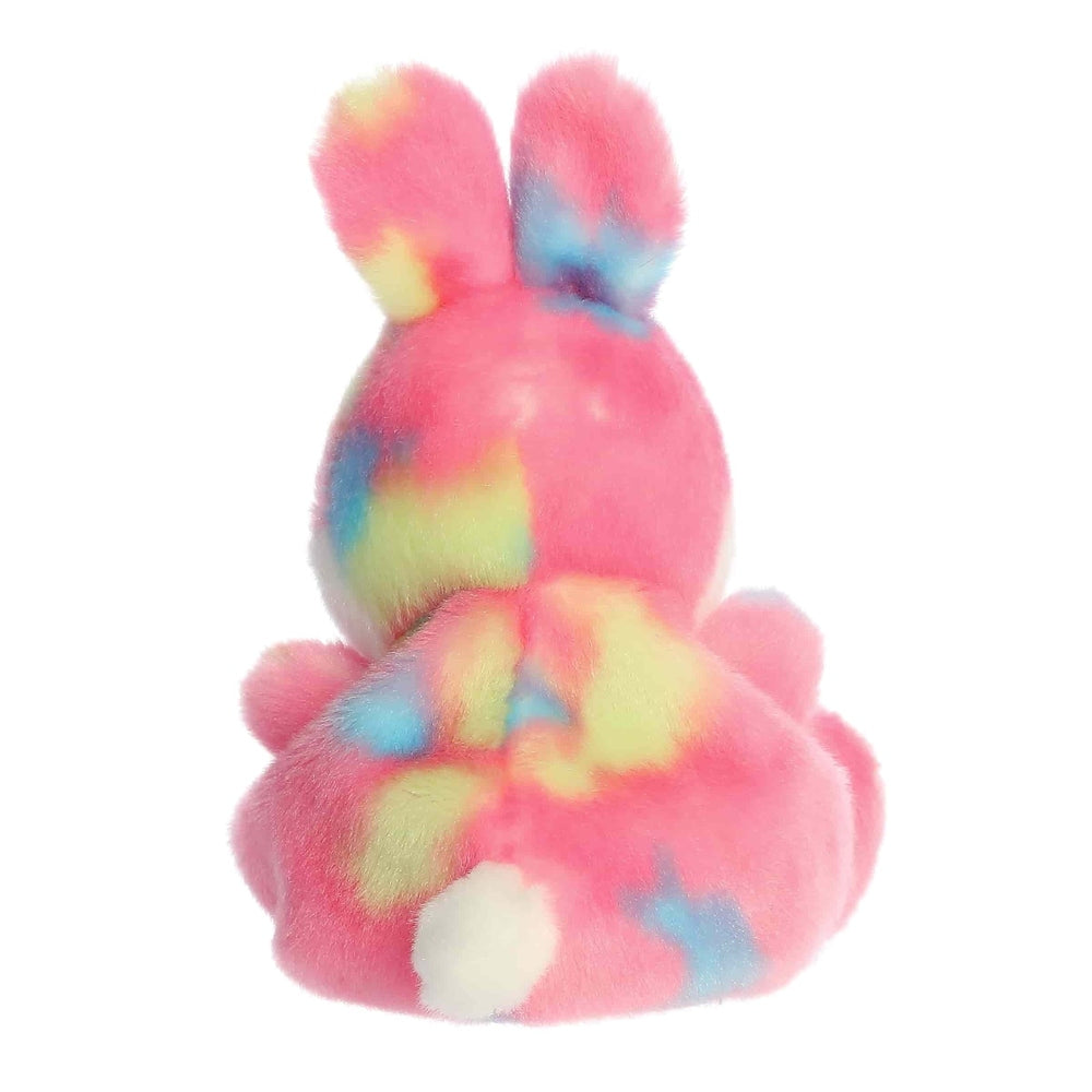 Aurora Palm Pals Bubblegum Jellybean Bunny plush, pink tie-dye fur with pastel blue/yellow accents, 5"