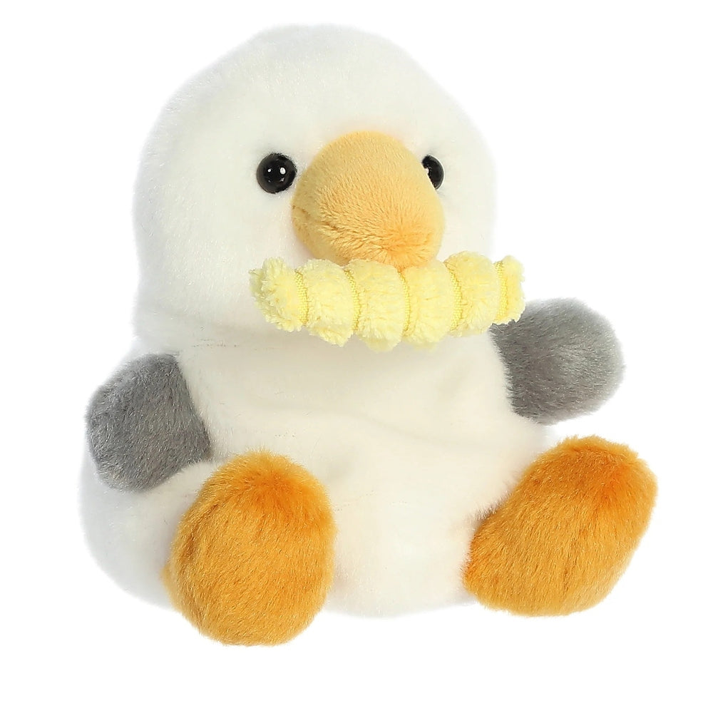 Aurora Palm Pals Buoy Seagull with Fry plush toy, white gull with yellow beak and orange feet