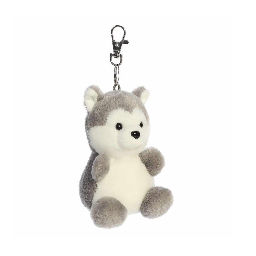 Aurora Palm Pals Busky Husky plush keychain, gray and white stuffed husky hanging from a metal clip.