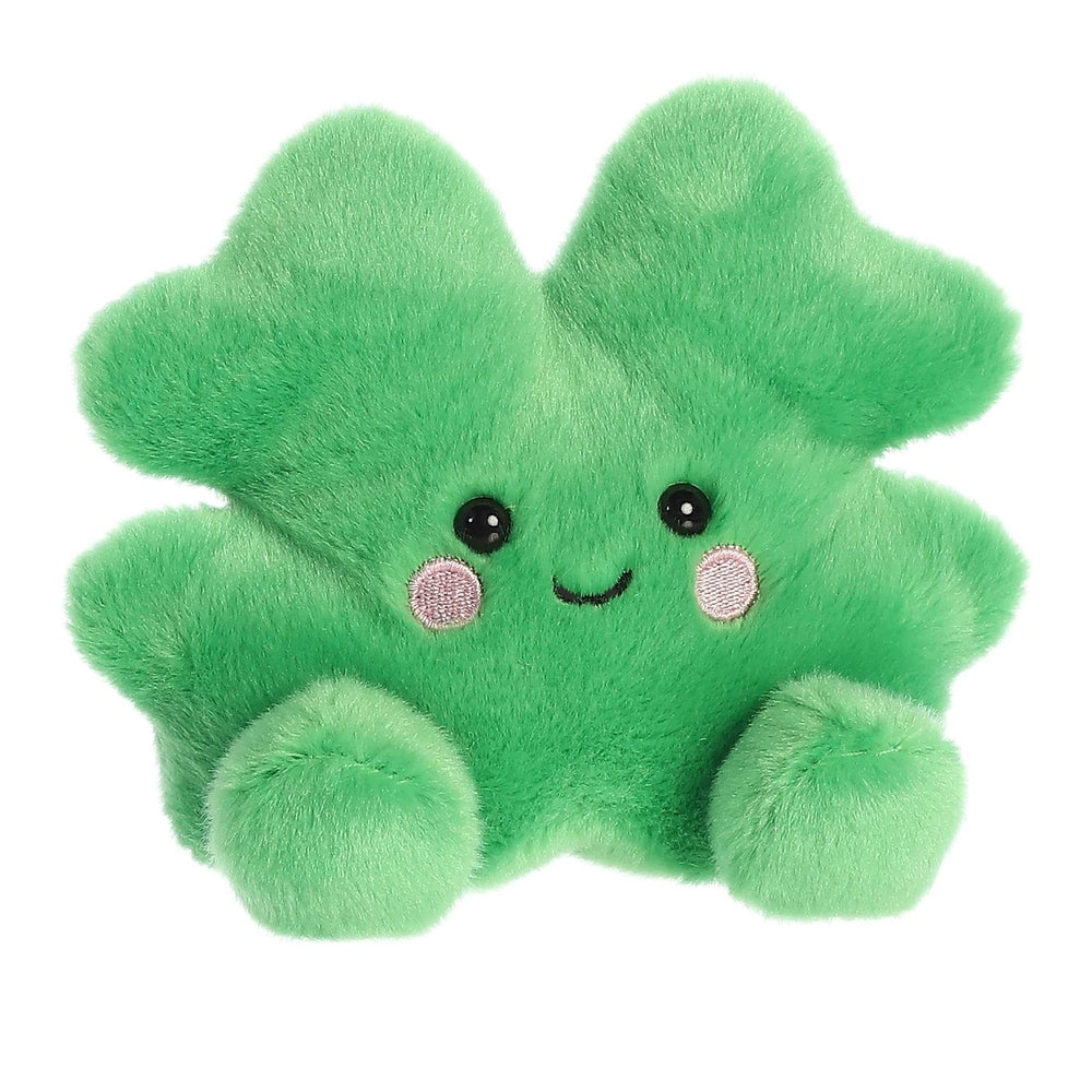 Bright green fuzzy Clover plush toy with five rounded petals, embroidered smile, black eyes, pink cheeks, and tiny feet.