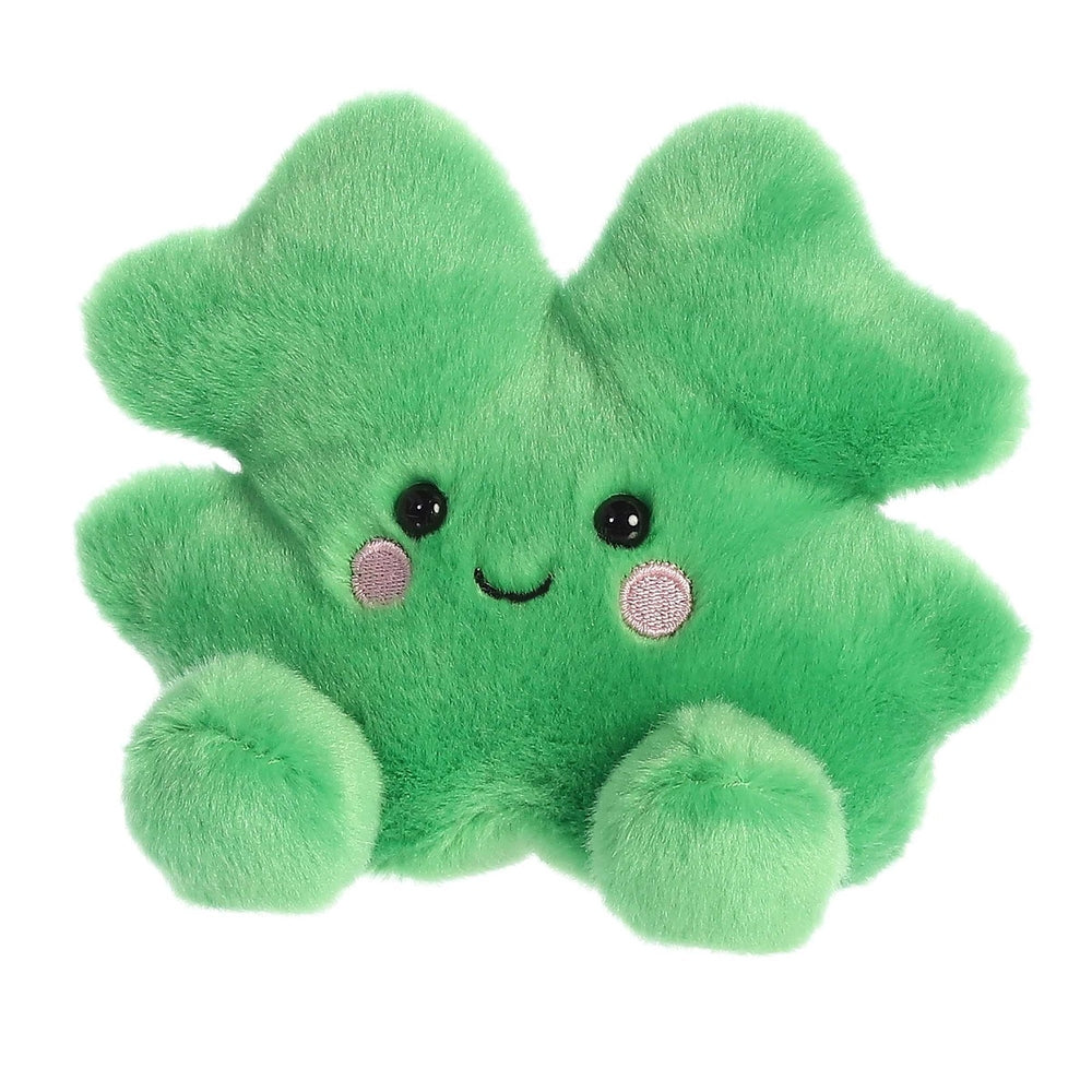 Aurora Palm Pals Chance Clover plush toy, bright green stuffed clover with cute embroidered face