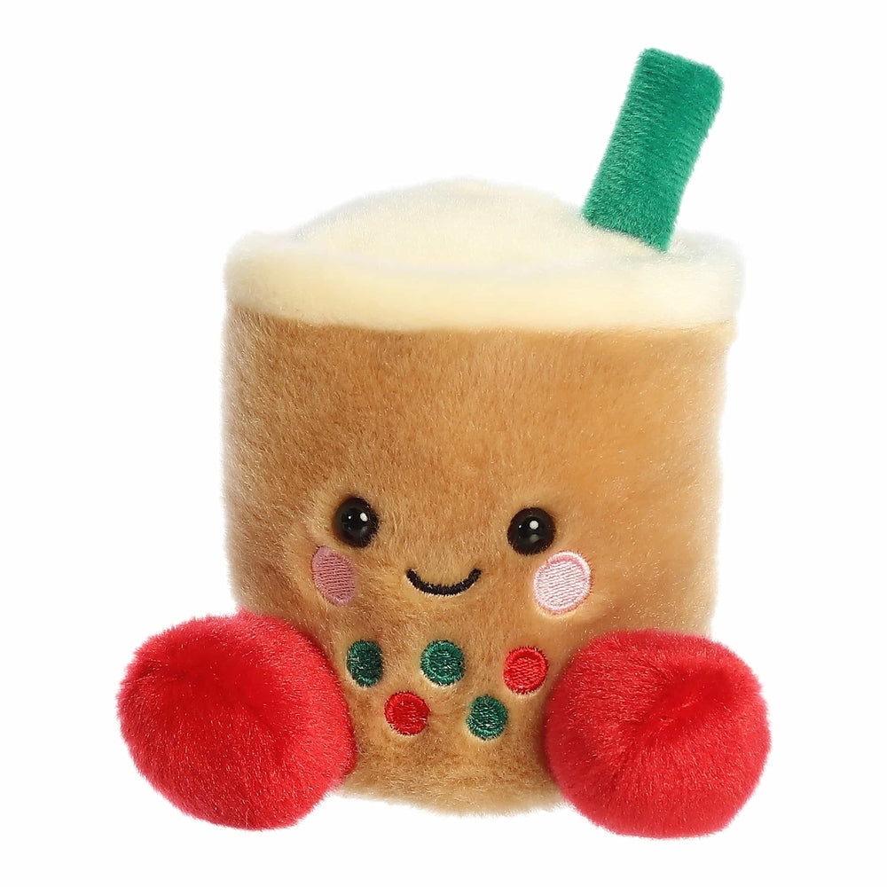 Aurora Palm Pals Chewy Festive Boba plush stuffed animal, tan cup, white foam, green straw, red feet
