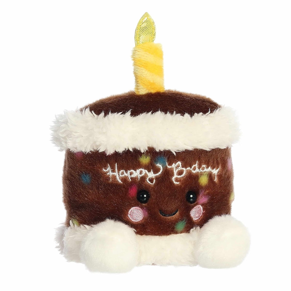Aurora Palm Pals Choco Birthday Cake plush stuffed animal, 5in brown cake with white frosting trim and yellow candle