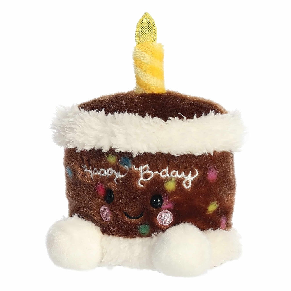 Aurora Palm Pals Choco B'day Cake plush; brown cake with white frosting, colorful sprinkles, and a yellow candle