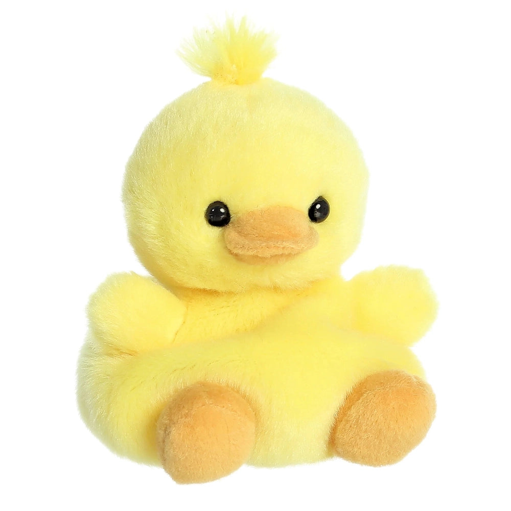 Aurora Palm Pals Darling Duck plush toy, small yellow stuffed duck with orange beak and feet