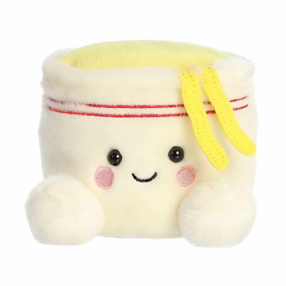Aurora Dashi Cup Noodles plush stuffed animal, white cup with red stripe, yellow lid and chopsticks, 5 inches