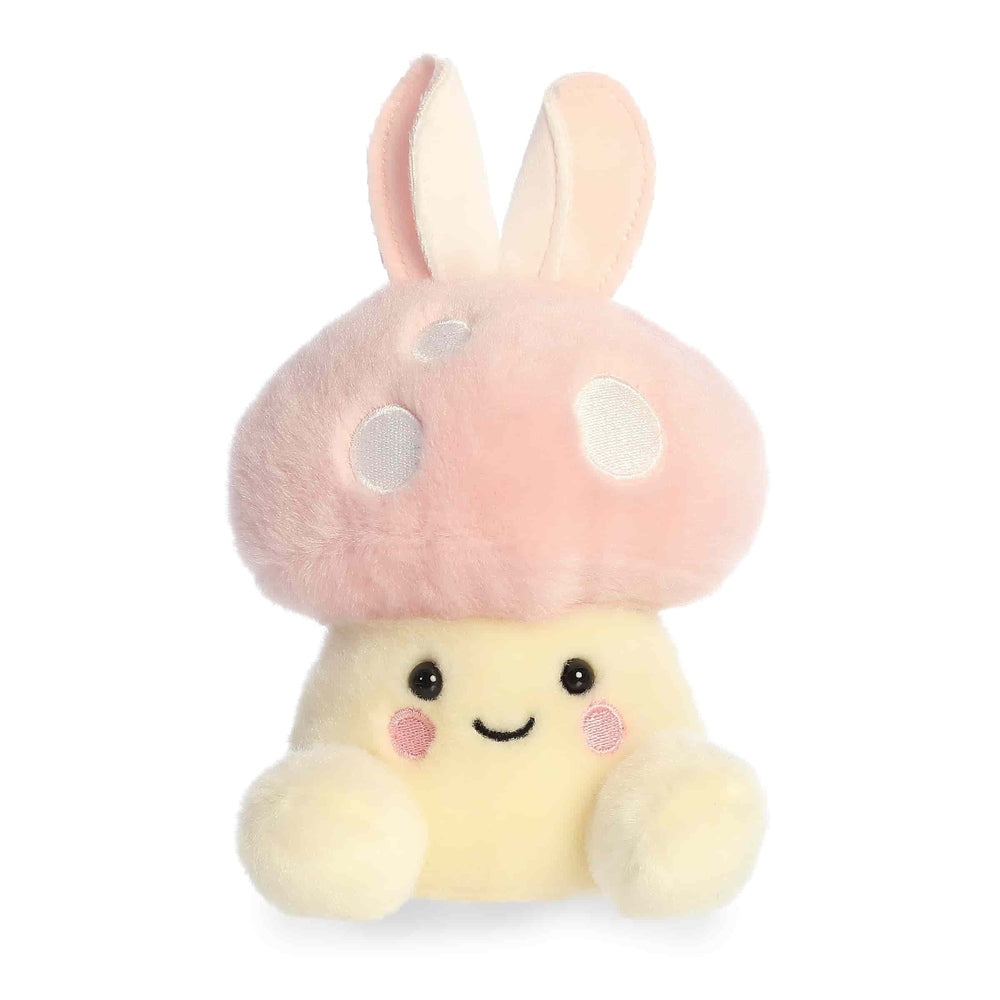 Soft 5-inch plush bunny with pink mushroom cap with white spots, yellow body, cute stitched face.