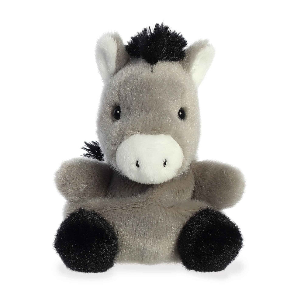 Aurora Palm Pals Eli donkey plush, soft gray fur with white muzzle, 5-inch stuffed toy