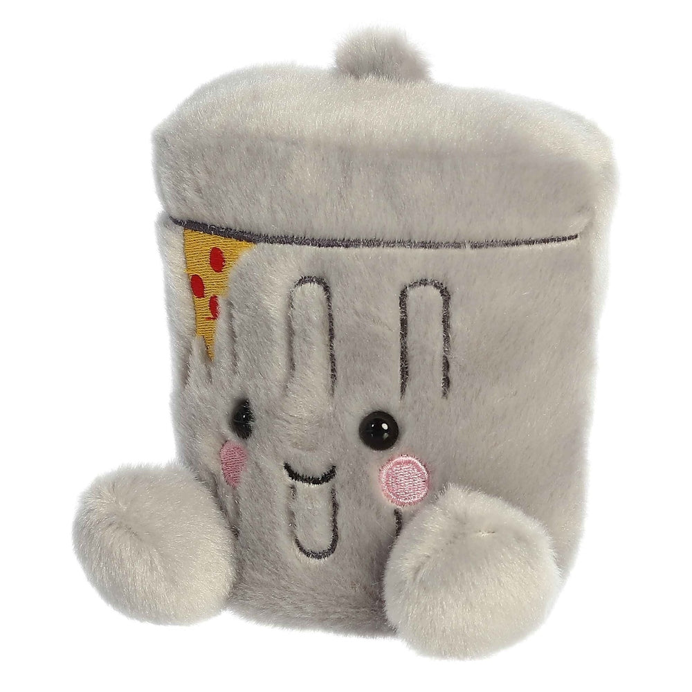 Aurora Garbanzo Trashcan Palm Pals stuffed toy, soft gray plush with pizza slice patch