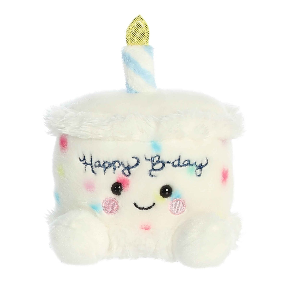 Aurora Palm Pals Happy B'day Cake plush, white fluffy cake with pastel sprinkles and a yellow horn, 5"