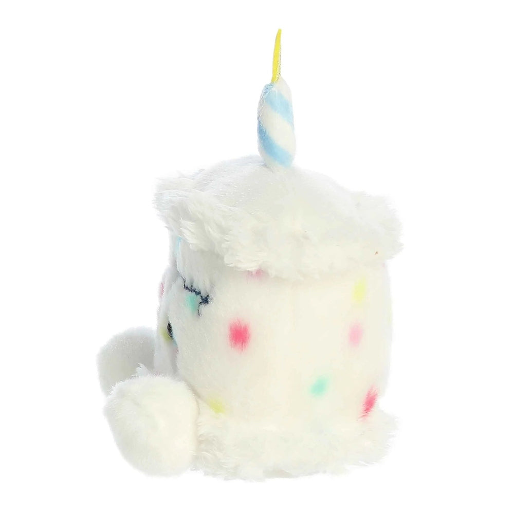 Aurora Palm Pals Happy B'Day Cake unicorn plush, white with pastel sprinkles and blue horn, 5-inch