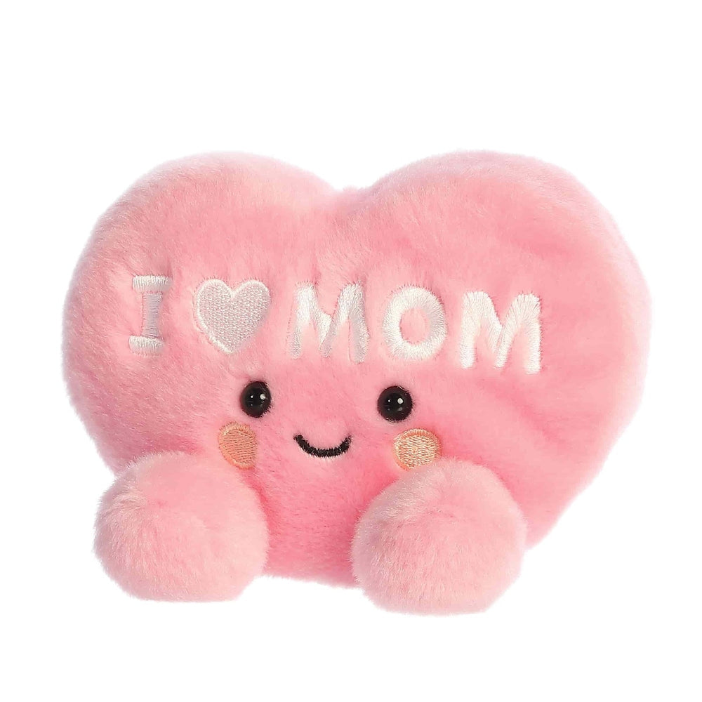 Aurora Palm Pals pink heart plush, embroidered I Love Mom, cute face, 5" stuffed toy