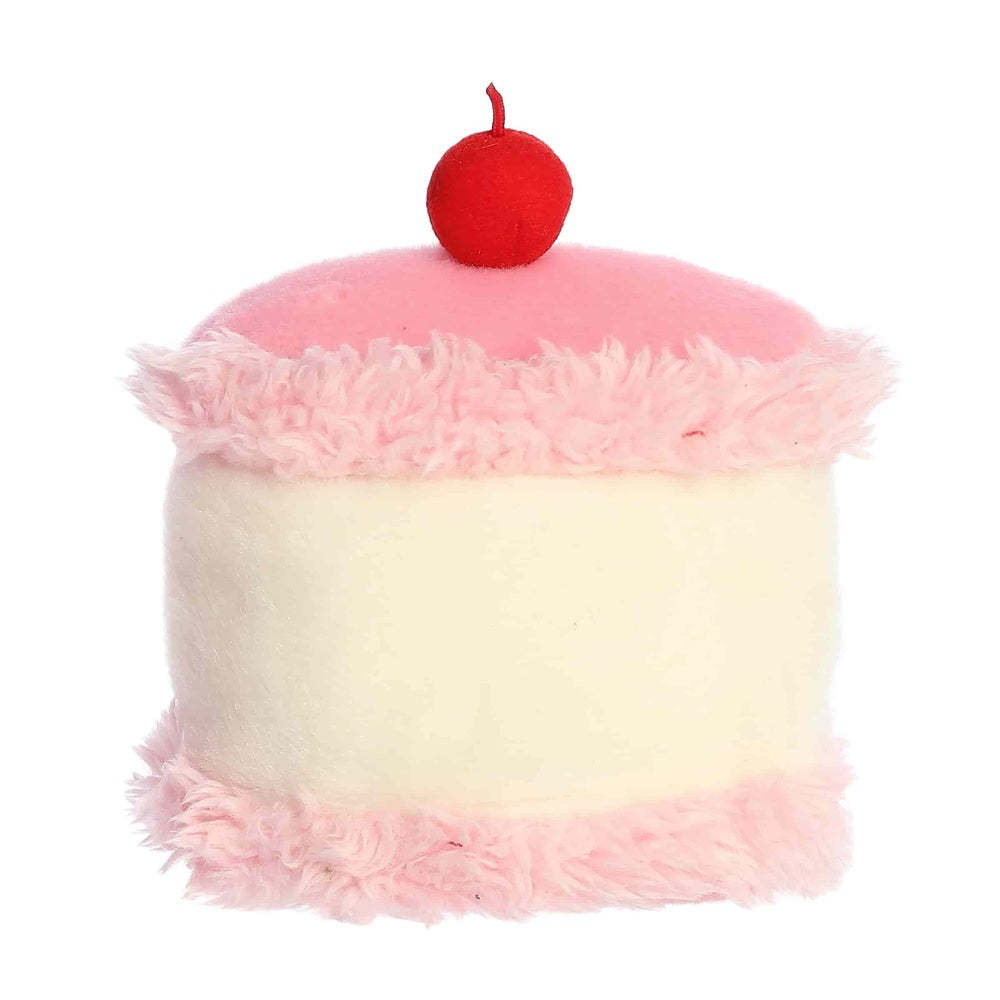 Aurora Palm Pals Jubi Heart Cake plush, pink and cream cake with fluffy trim and cherry, 5"