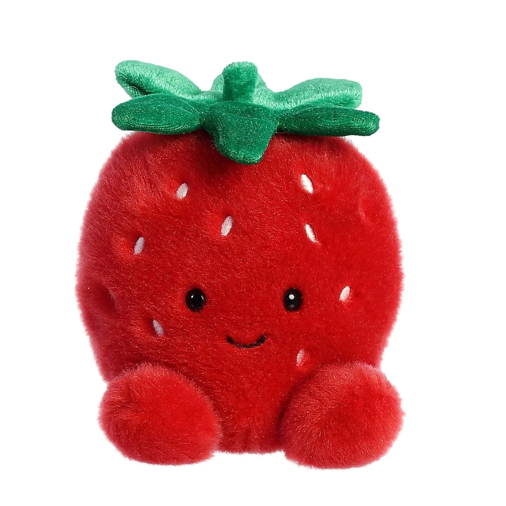 Aurora Palm Pals Juicy Strawberry plush toy, red fuzzy stuffed strawberry with green stem and cute face.