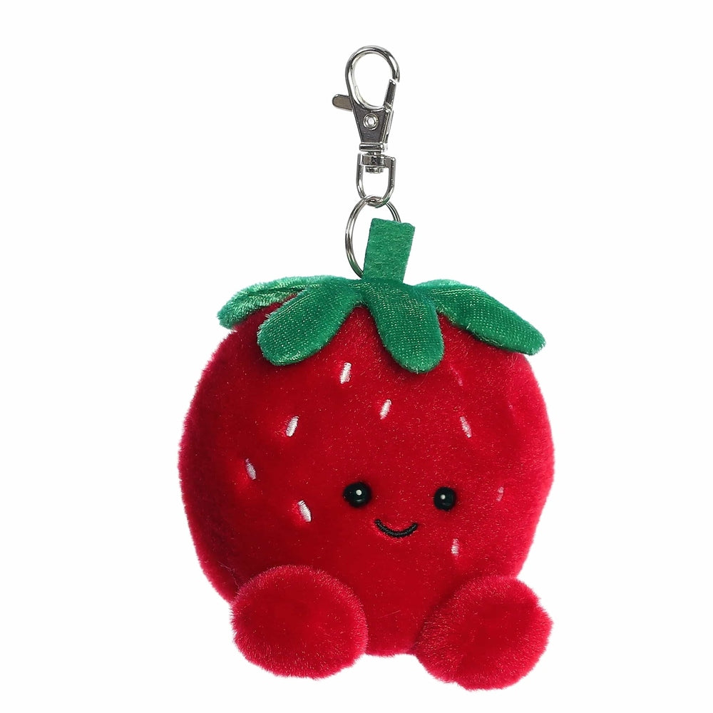 Aurora Palm Pals Juicy Strawberry clip-on plush, red strawberry with green leaves and a smile