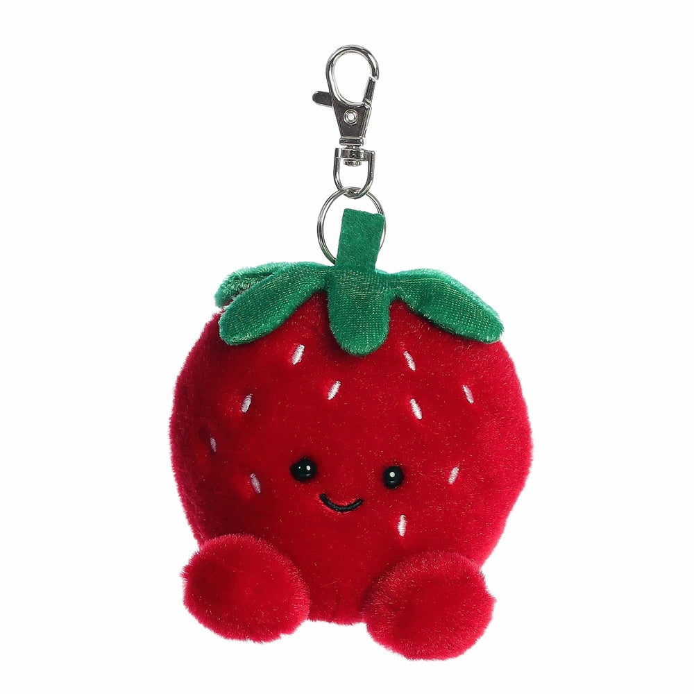Aurora Palm Pal Juicy Strawberry clip-on stuffed toy, red plush with green leaves and a smiling face