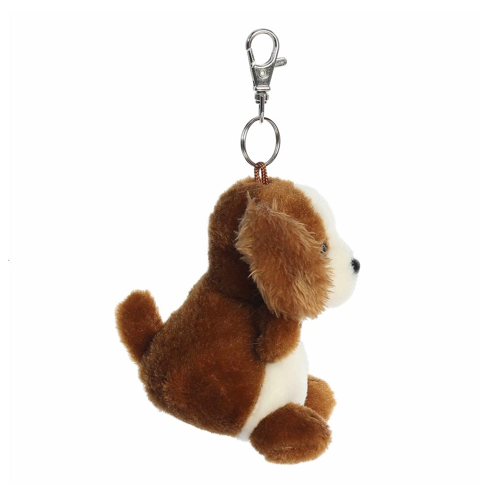 Aurora Palm Pals Lady Spaniel Clip-On 4" plush toy, brown/white, dangling from a metal clip.