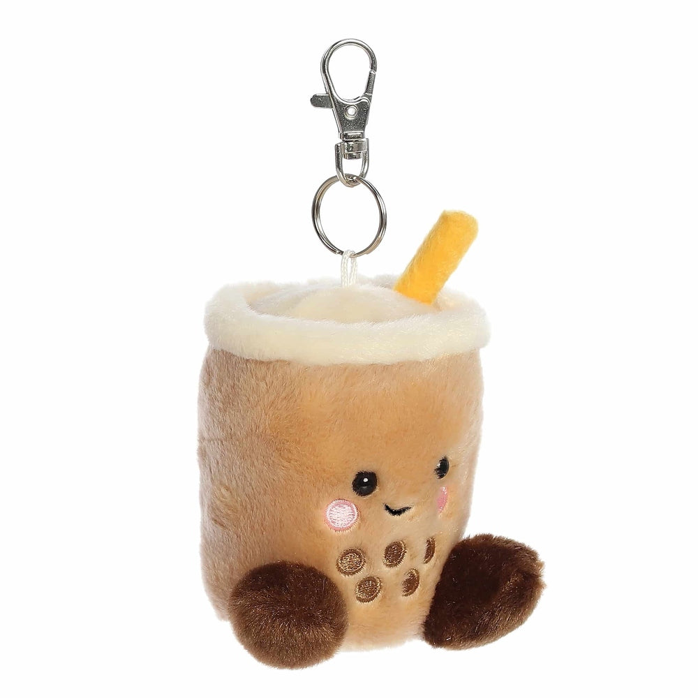 Aurora Milky Tea Boba ClipOn plush 4in stuffed toy with cream top, yellow straw, brown feet