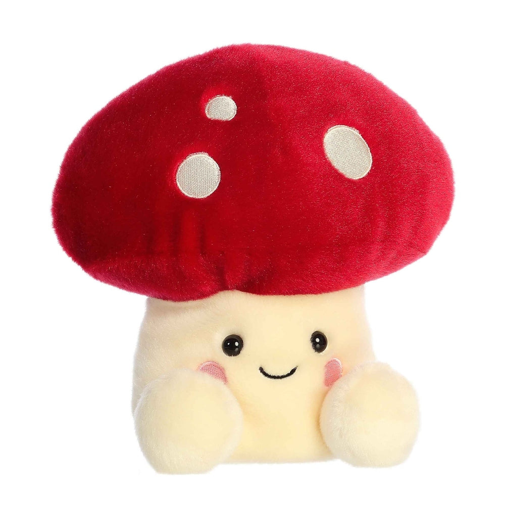 Aurora Palm Pals Amanita Mushroom plush, 8-inch red cap with white spots, cream stem, smiling face