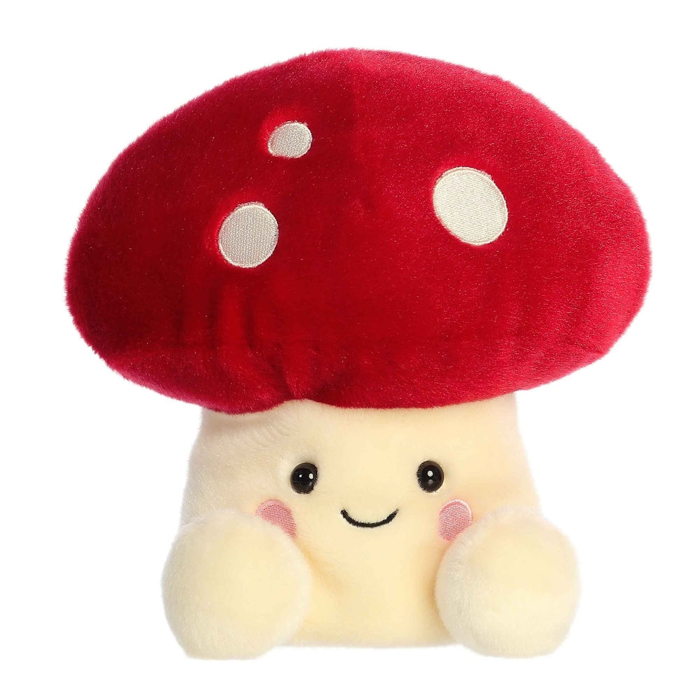 Stuffed animal Aurora Palm Pals Amanita Mushroom, 8 inches, red cap with white spots, cream stem, smiling face