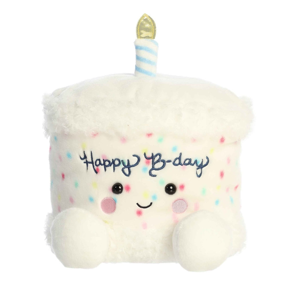 Aurora Palm Pals 13in Happy B'day Cake plush, white fuzzy with pastel sprinkles and striped candle