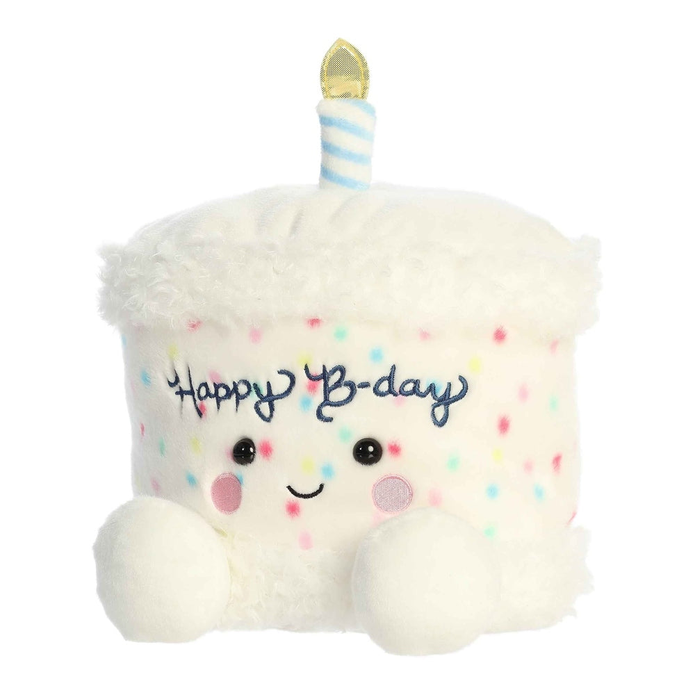 Aurora Palm Pals 13in Happy B-Day cake plush toy with white fluffy icing, pastel sprinkles, candle