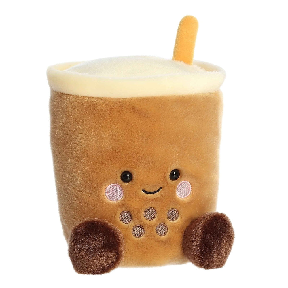 Aurora Palm Pals Milky Tea Boba plush cup with straw, pink cheeks, brown pearls.