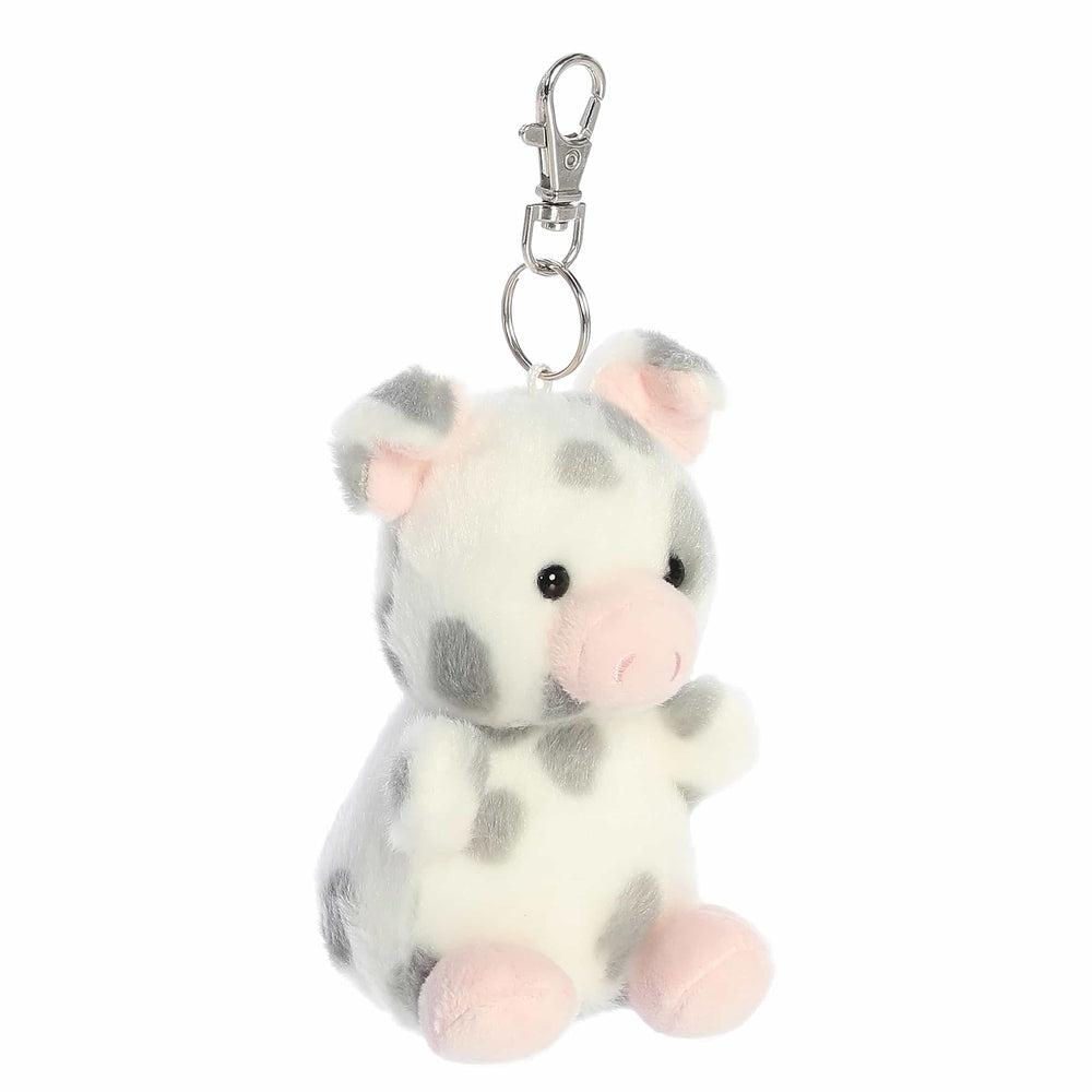Aurora Palm Pals Piggles spotted piglet clip-on plush keychain, white with gray spots and pink nose/feet