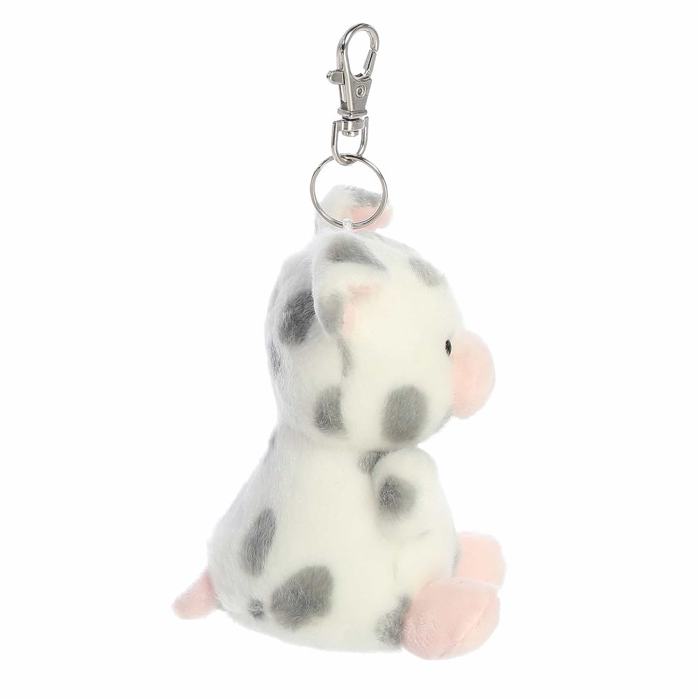 Aurora Palm Pals Piggles spotted piglet clip-on plush, white with gray spots and pink feet, 4" tall