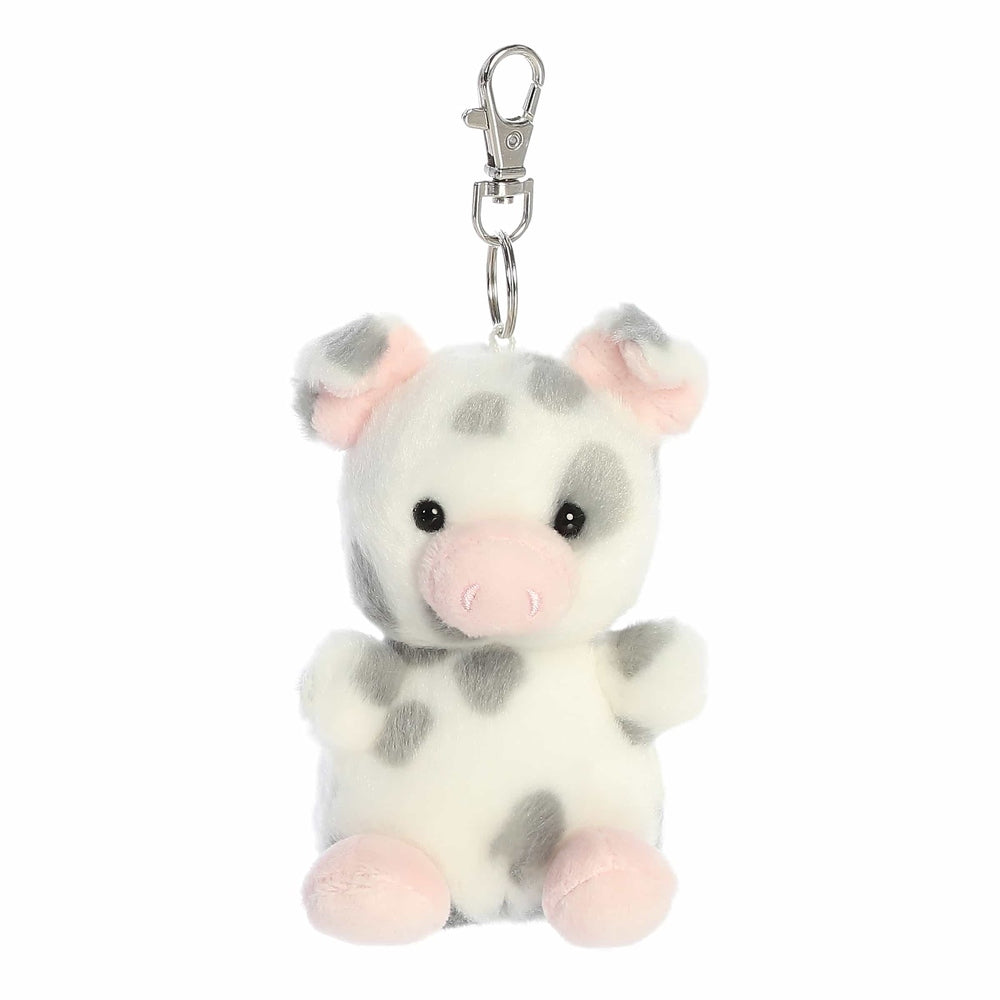 Aurora Palm Pals Piggles spotted piglet clip-on plush, white with gray spots, pink snout and paws